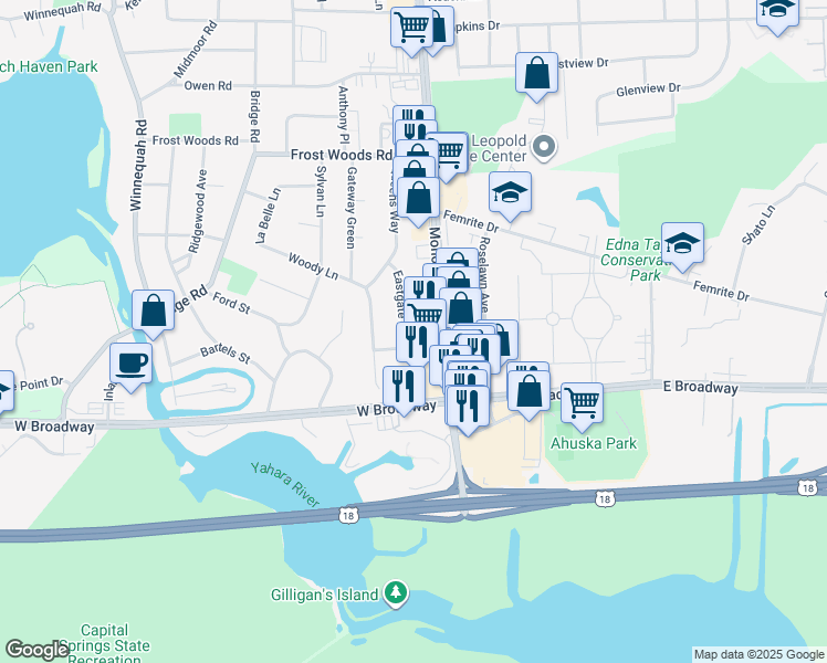 map of restaurants, bars, coffee shops, grocery stores, and more near 6300 Eastgate Road in Monona