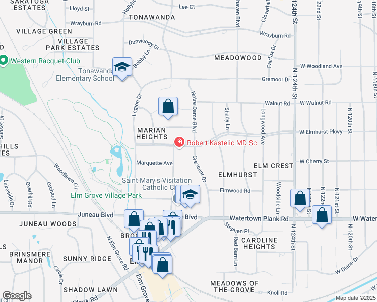 map of restaurants, bars, coffee shops, grocery stores, and more near 13115 Elmhurst Parkway in Elm Grove