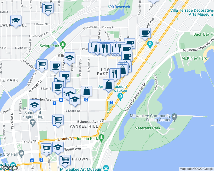 map of restaurants, bars, coffee shops, grocery stores, and more near N Franklin Pl & E Lyon St in Milwaukee