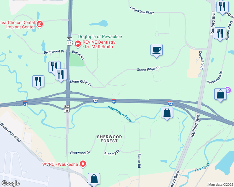 map of restaurants, bars, coffee shops, grocery stores, and more near W236 N1402 Busse Road in Waukesha