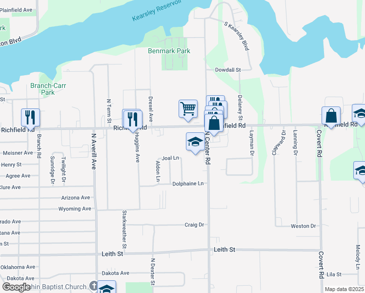 map of restaurants, bars, coffee shops, grocery stores, and more near 3800 Richfield Road in Flint