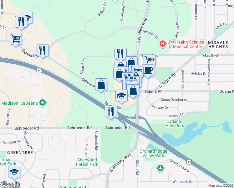 map of restaurants, bars, coffee shops, grocery stores, and more near 5577 Odana Road in Madison
