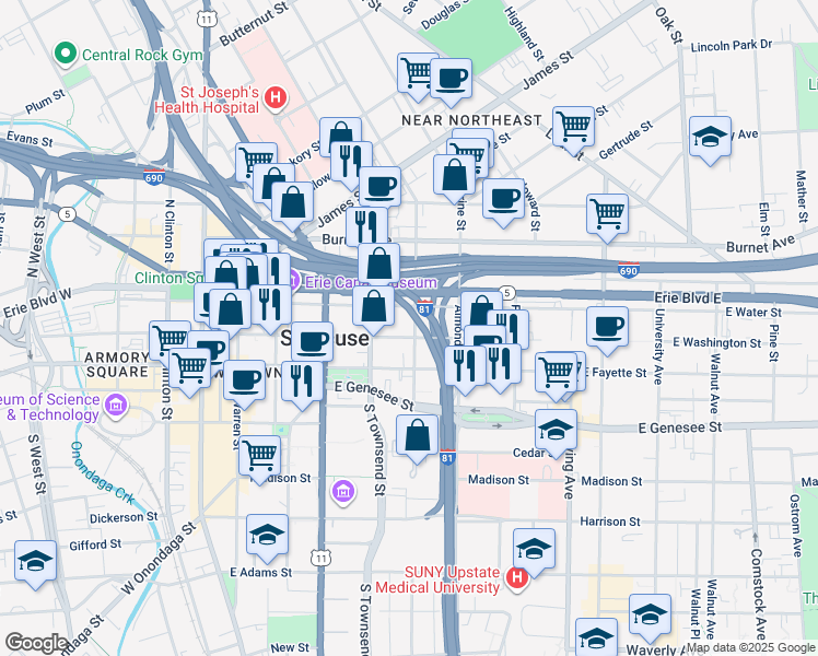 map of restaurants, bars, coffee shops, grocery stores, and more near 516 East Water Street in Syracuse