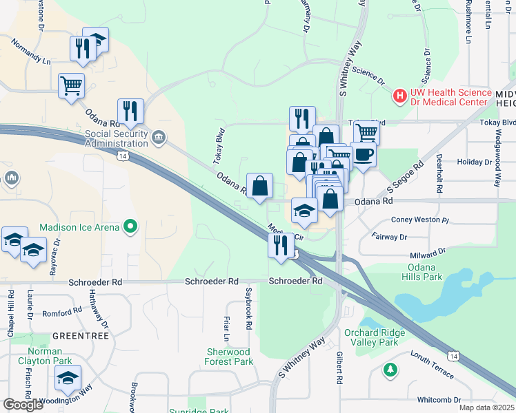 map of restaurants, bars, coffee shops, grocery stores, and more near 5614-5618 Odana Road in Madison