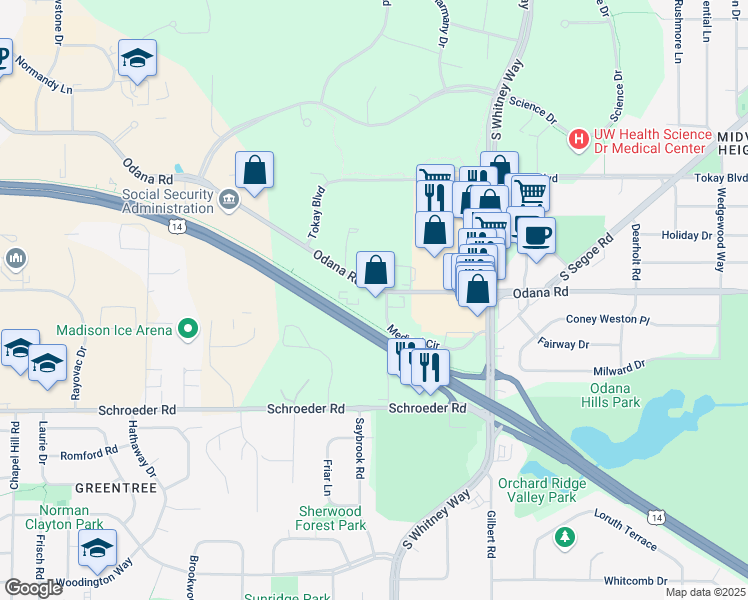map of restaurants, bars, coffee shops, grocery stores, and more near 5614-5618 Odana Road in Madison