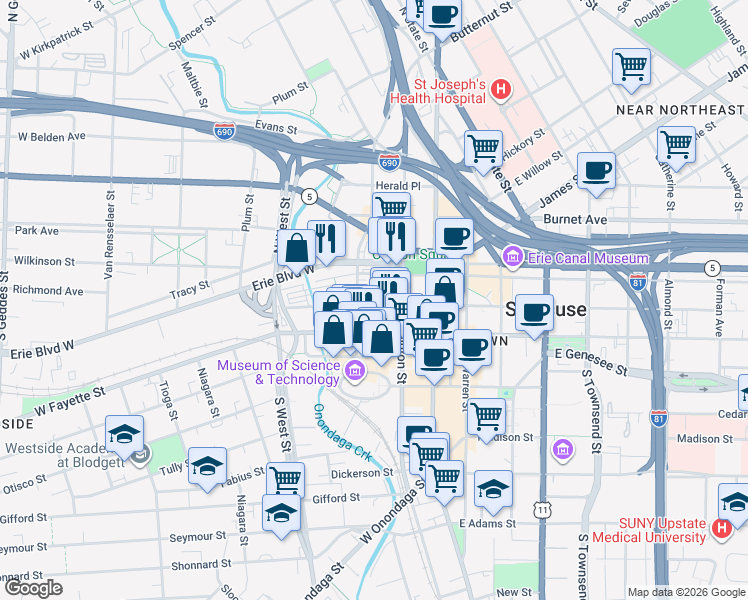 map of restaurants, bars, coffee shops, grocery stores, and more near 214 West Water Street in Syracuse