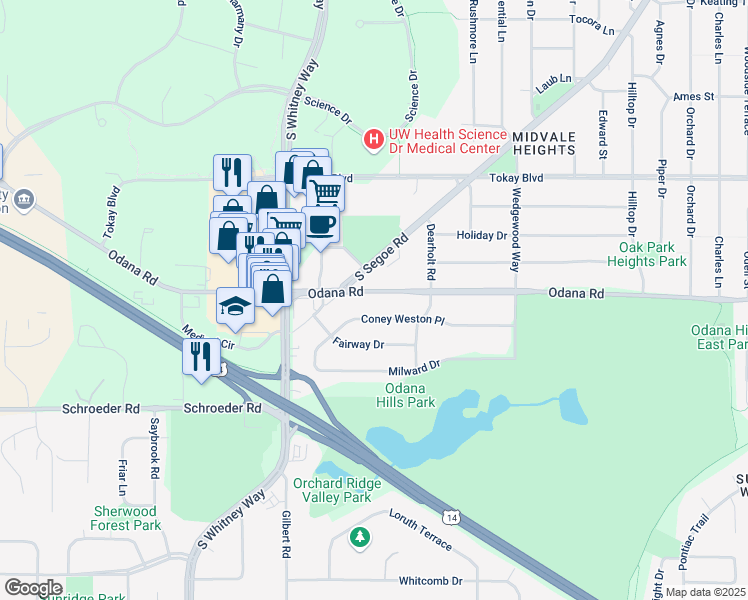map of restaurants, bars, coffee shops, grocery stores, and more near 5221 Odana Road in Madison