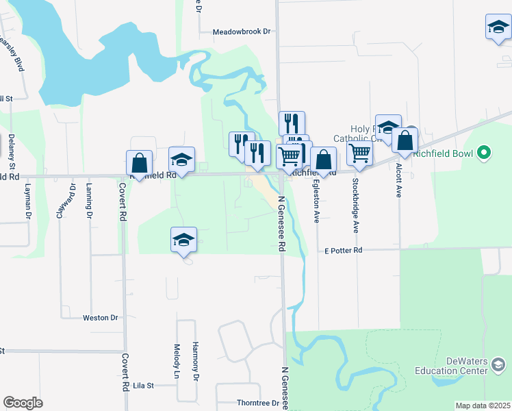 map of restaurants, bars, coffee shops, grocery stores, and more near 3085 North Genesee Road in Flint