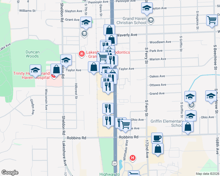 map of restaurants, bars, coffee shops, grocery stores, and more near 1125 South Beacon Boulevard in Grand Haven
