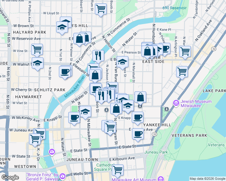 map of restaurants, bars, coffee shops, grocery stores, and more near 1526 North Jackson Street in Milwaukee