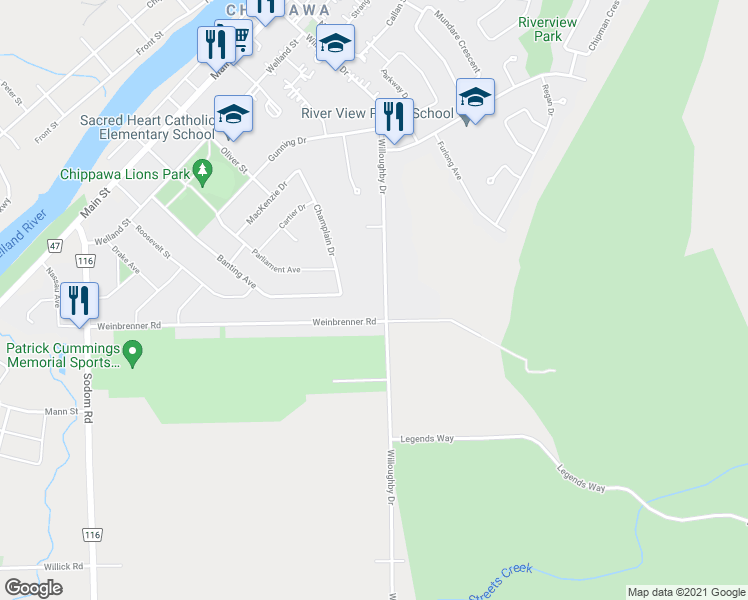 map of restaurants, bars, coffee shops, grocery stores, and more near 8809 Willoughby Drive in Niagara Falls