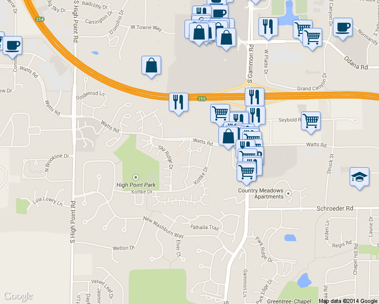 map of restaurants, bars, coffee shops, grocery stores, and more near 7201 Watts Road in Madison