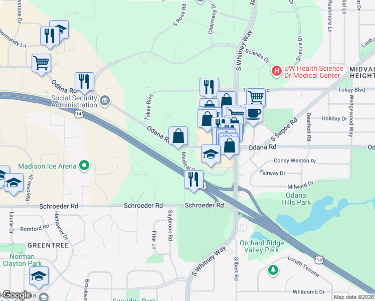 map of restaurants, bars, coffee shops, grocery stores, and more near 5614-5618 Odana Road in Madison