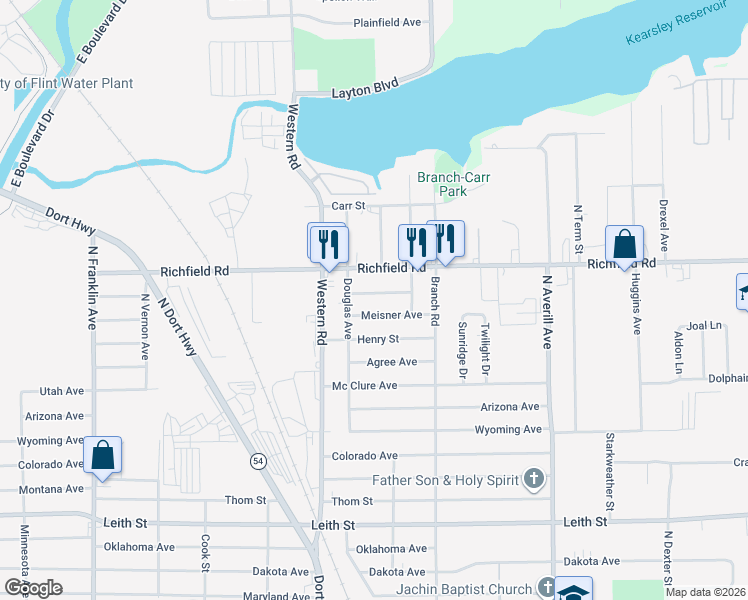 map of restaurants, bars, coffee shops, grocery stores, and more near 2922 Nathan Avenue in Flint