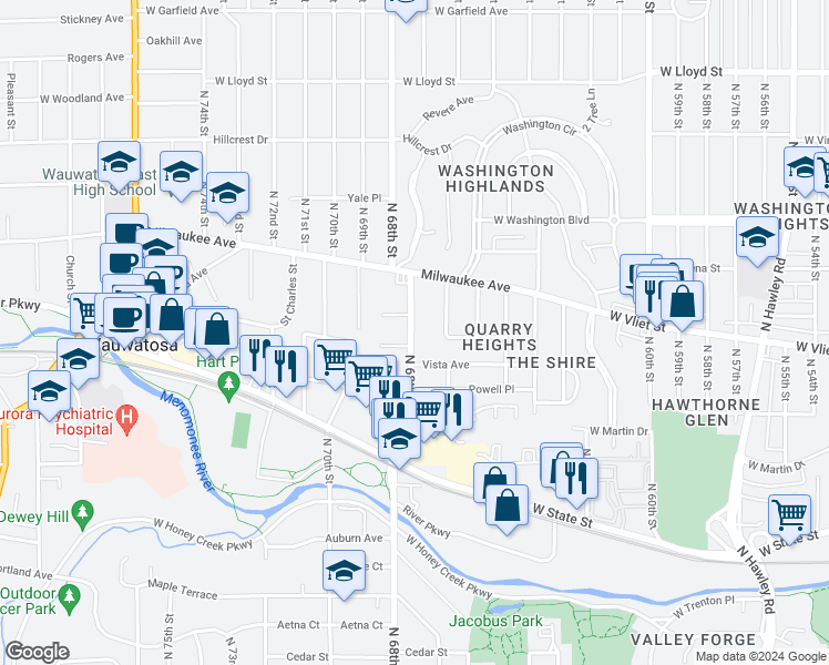 map of restaurants, bars, coffee shops, grocery stores, and more near 1412 North 68th Street in Wauwatosa