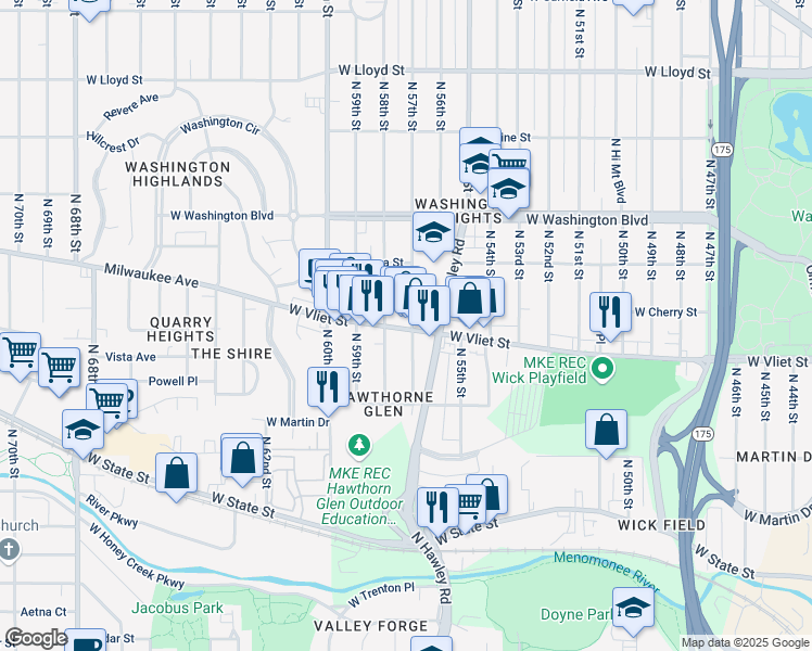 map of restaurants, bars, coffee shops, grocery stores, and more near 5704 W Vliet St in Milwaukee