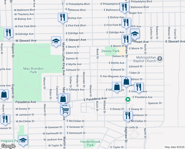 map of restaurants, bars, coffee shops, grocery stores, and more near 3810 Marvin Street in Flint