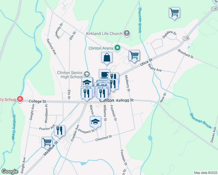 map of restaurants, bars, coffee shops, grocery stores, and more near in Clinton