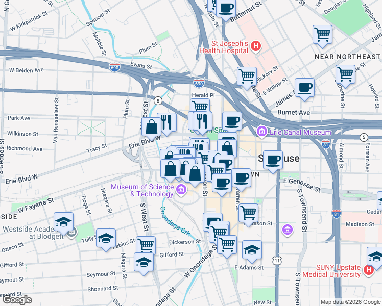 map of restaurants, bars, coffee shops, grocery stores, and more near 214 West Water Street in Syracuse