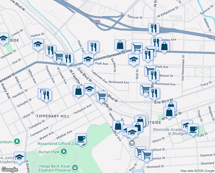 map of restaurants, bars, coffee shops, grocery stores, and more near 197 Lakeview Avenue in Syracuse