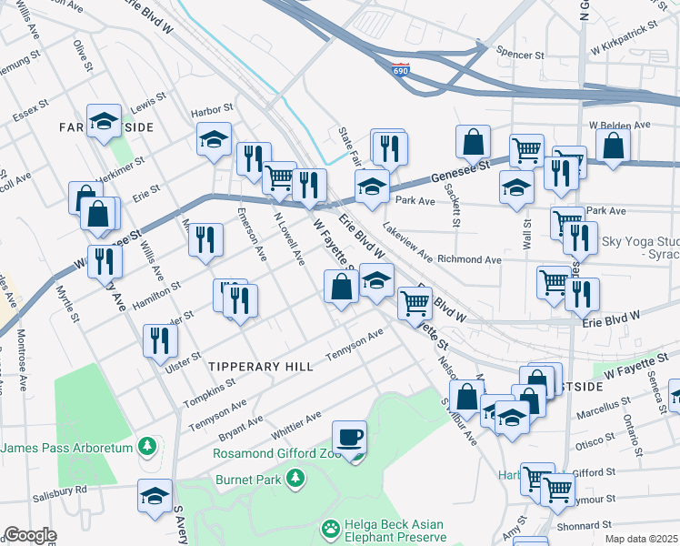map of restaurants, bars, coffee shops, grocery stores, and more near 209 North Wilbur Avenue in Syracuse