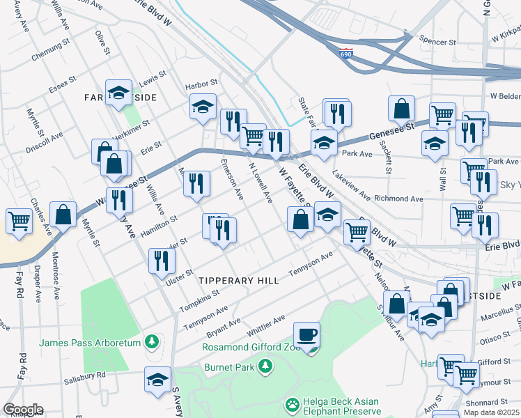 map of restaurants, bars, coffee shops, grocery stores, and more near 235 North Lowell Avenue in Syracuse