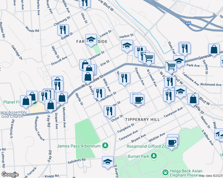 map of restaurants, bars, coffee shops, grocery stores, and more near 512 Hamilton Street in Syracuse