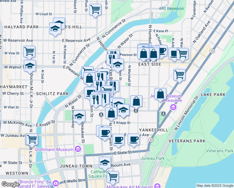 map of restaurants, bars, coffee shops, grocery stores, and more near 1522 North Van Buren Street in Milwaukee