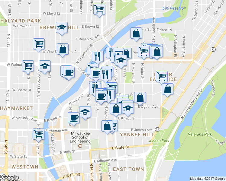 map of restaurants, bars, coffee shops, grocery stores, and more near 1526 North Jackson Street in Milwaukee