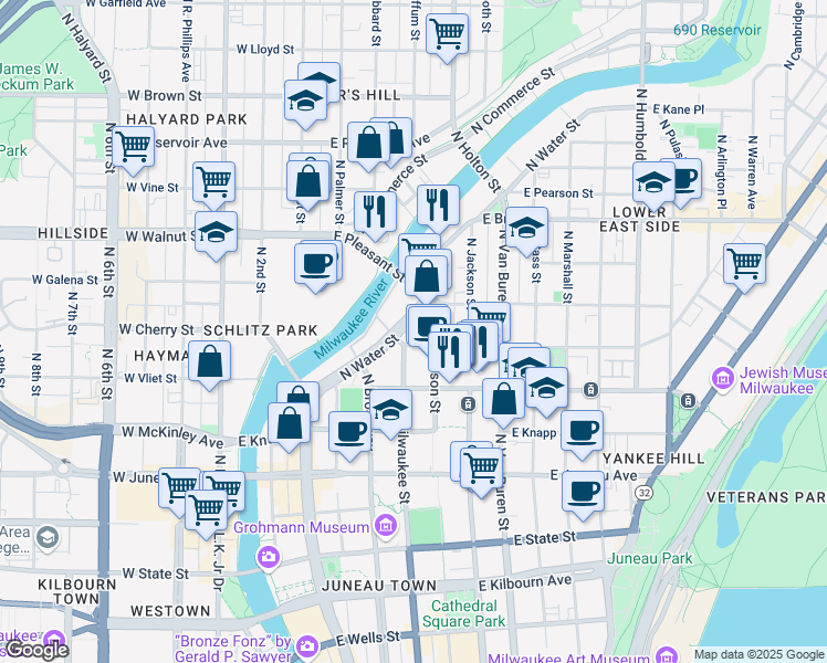 map of restaurants, bars, coffee shops, grocery stores, and more near in Milwaukee
