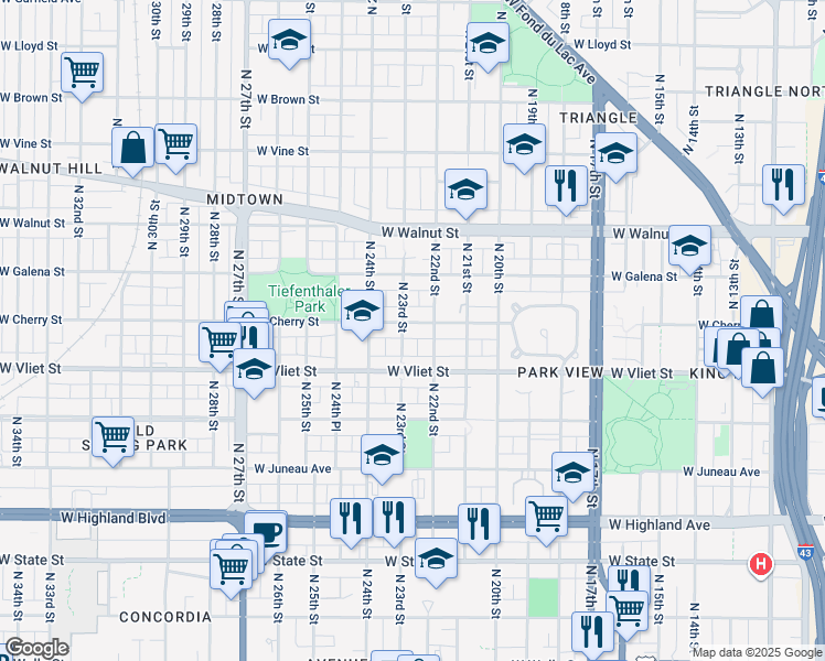 map of restaurants, bars, coffee shops, grocery stores, and more near 1501 North 22nd Street in Milwaukee