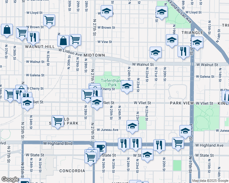 map of restaurants, bars, coffee shops, grocery stores, and more near 2479 A West Cherry Street in Milwaukee