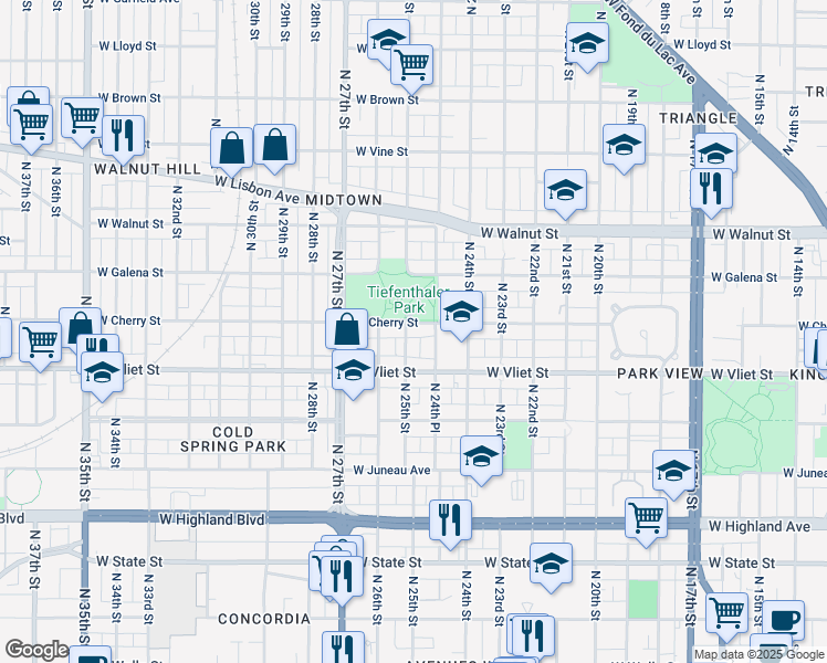 map of restaurants, bars, coffee shops, grocery stores, and more near 2479 A West Cherry Street in Milwaukee