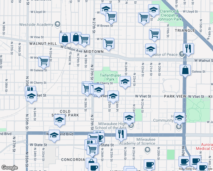 map of restaurants, bars, coffee shops, grocery stores, and more near 2479 A West Cherry Street in Milwaukee