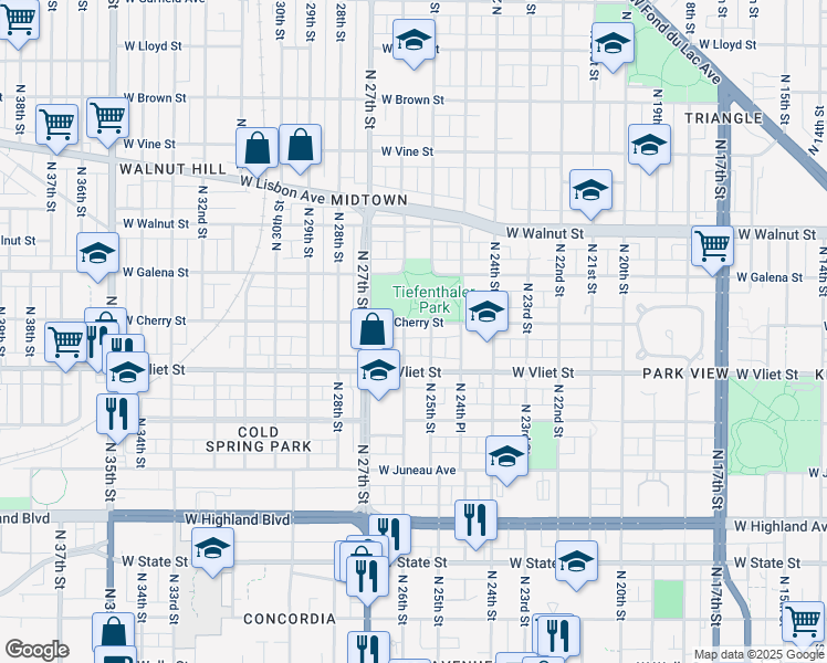 map of restaurants, bars, coffee shops, grocery stores, and more near 2601 West Cherry Street in Milwaukee
