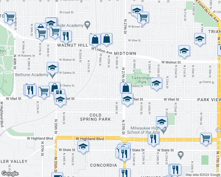 map of restaurants, bars, coffee shops, grocery stores, and more near 1456-1458 North 29th Street in Milwaukee