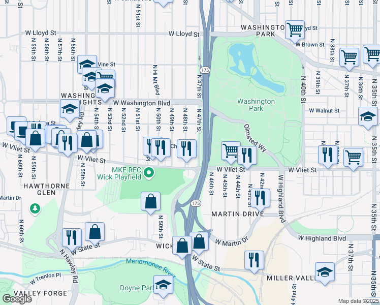 map of restaurants, bars, coffee shops, grocery stores, and more near 1454 North 48th Street in Milwaukee