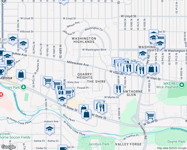 map of restaurants, bars, coffee shops, grocery stores, and more near 1410 North 64th Street in Wauwatosa