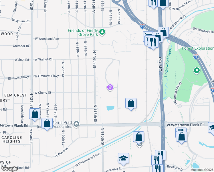 map of restaurants, bars, coffee shops, grocery stores, and more near 1535 Rivers Bend in Wauwatosa
