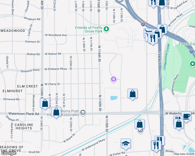 map of restaurants, bars, coffee shops, grocery stores, and more near 1533 North 116th Street in Wauwatosa