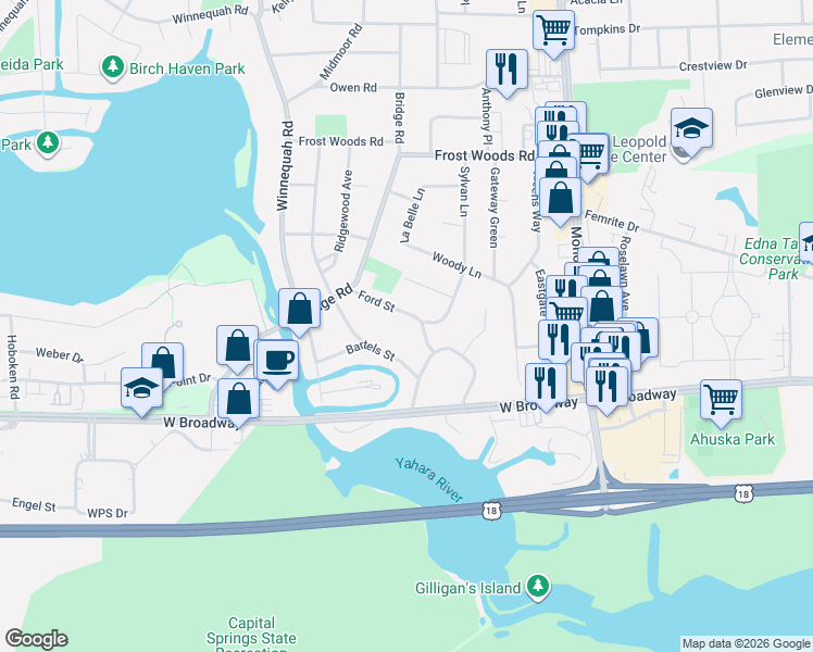 map of restaurants, bars, coffee shops, grocery stores, and more near 6311 Ford Street in Monona