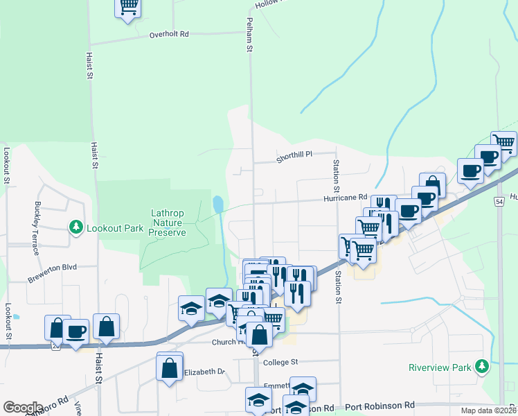 map of restaurants, bars, coffee shops, grocery stores, and more near 1585 Pelham Street in Pelham