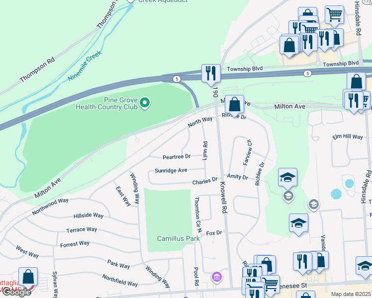 map of restaurants, bars, coffee shops, grocery stores, and more near 102 Kathleen Terrace in Camillus