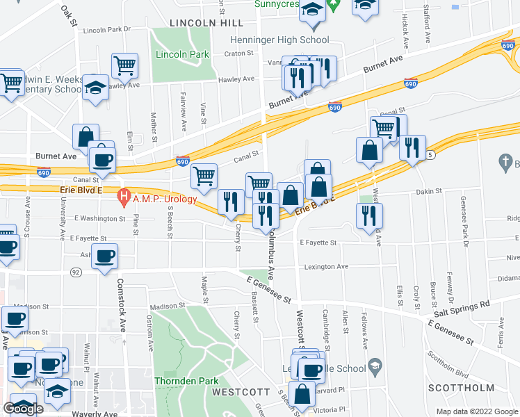 map of restaurants, bars, coffee shops, grocery stores, and more near 1625 Erie Boulevard East in Syracuse