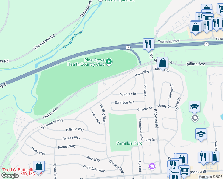 map of restaurants, bars, coffee shops, grocery stores, and more near 145 North Way in Camillus