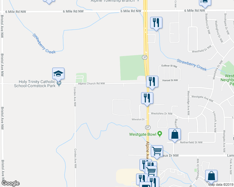 map of restaurants, bars, coffee shops, grocery stores, and more near 4725 Aldun Ridge Avenue Northwest in Comstock Park