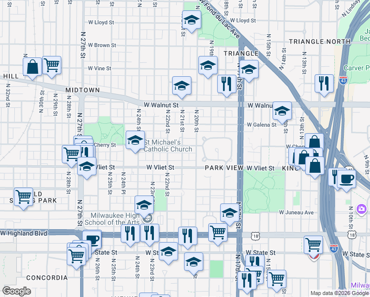 map of restaurants, bars, coffee shops, grocery stores, and more near 2033 West Cherry Street in Milwaukee