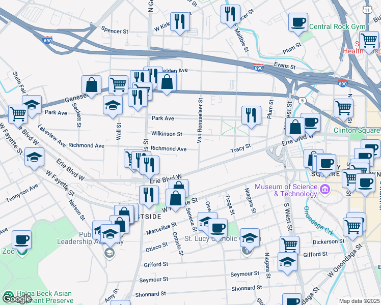 map of restaurants, bars, coffee shops, grocery stores, and more near 101 Richmond Avenue in Syracuse