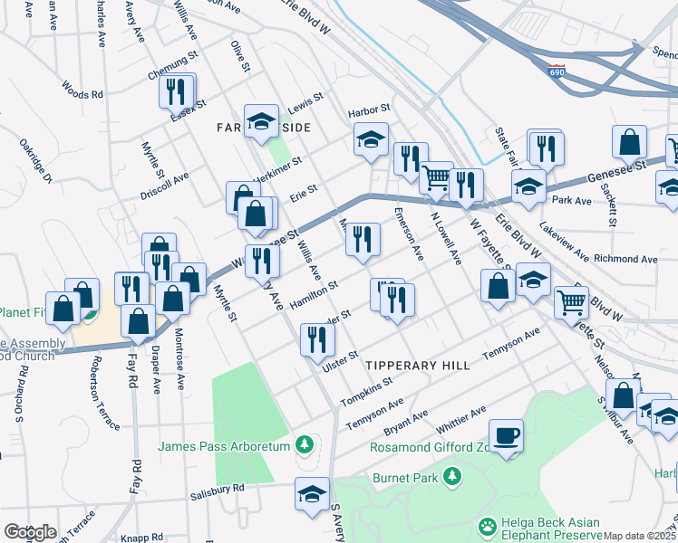 map of restaurants, bars, coffee shops, grocery stores, and more near 512 Hamilton Street in Syracuse