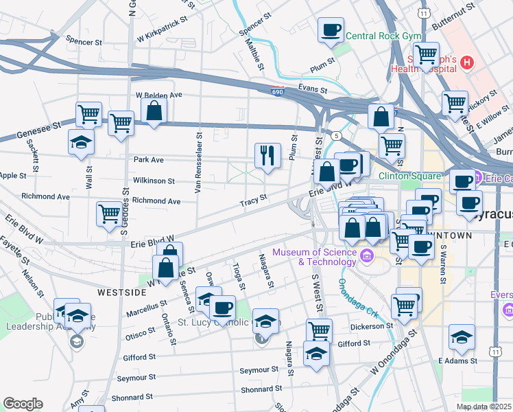 map of restaurants, bars, coffee shops, grocery stores, and more near 538 Erie Boulevard West in Syracuse